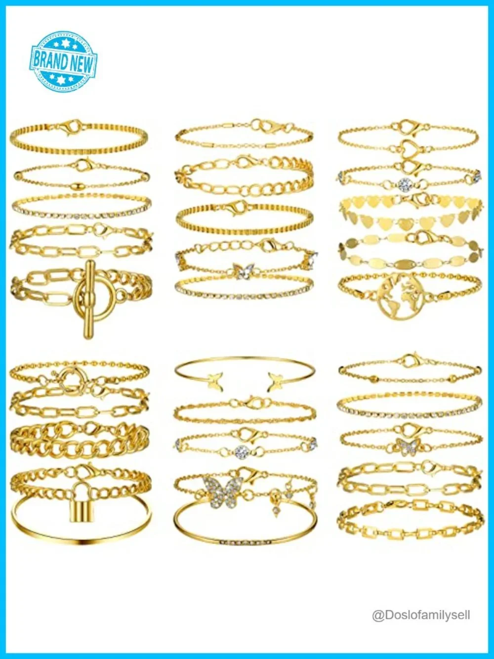 30 Layered Paperclip Link Bracelets Set Gold Alloy Adjustable Stackable